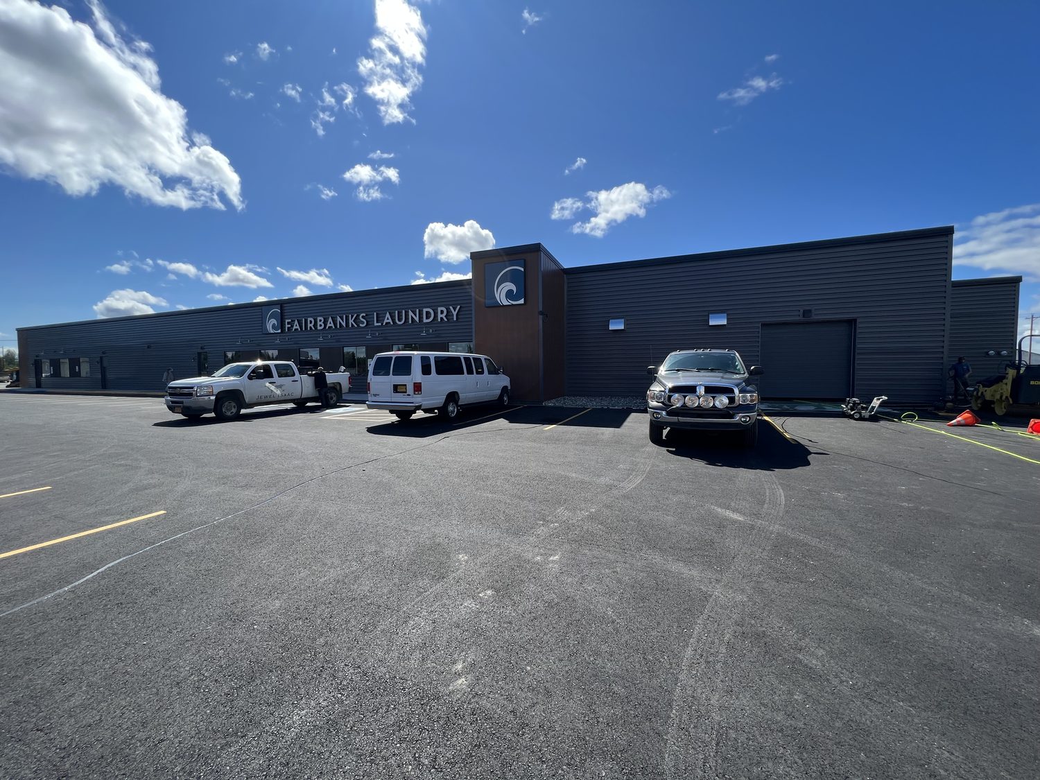The finished Fairbanks Laundry building exterior with signage