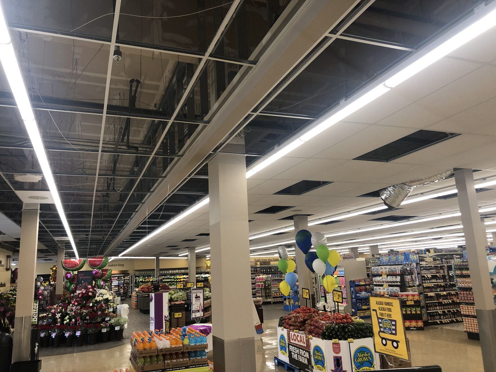 Damaged suspended ceiling removed down to the structure